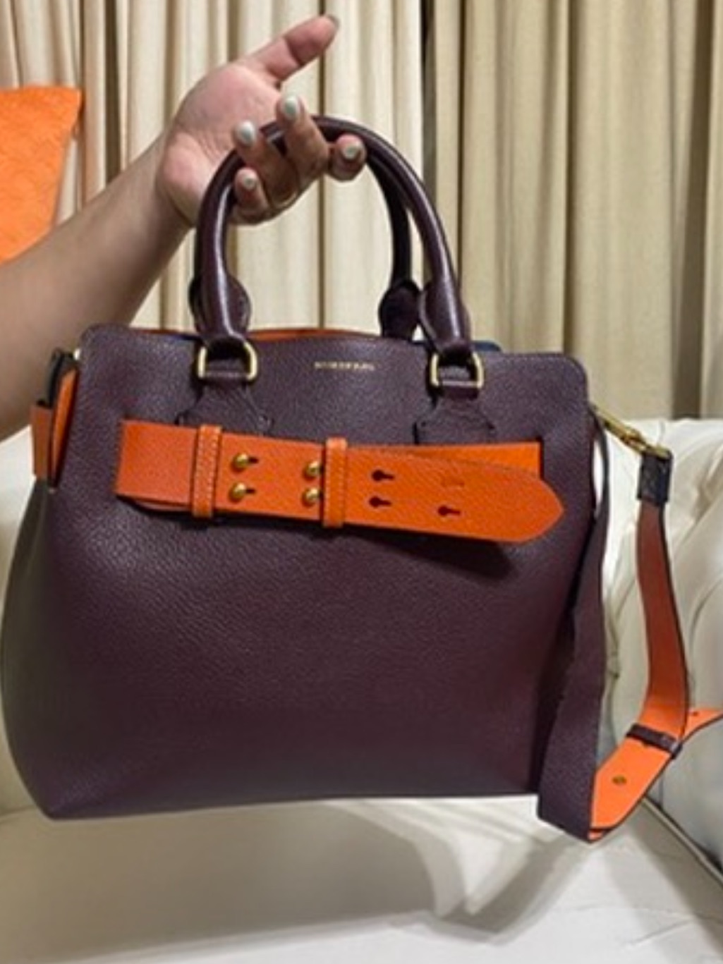 Burberry Burgundy & Orange Leather Top-Handle Crossbody Bag.